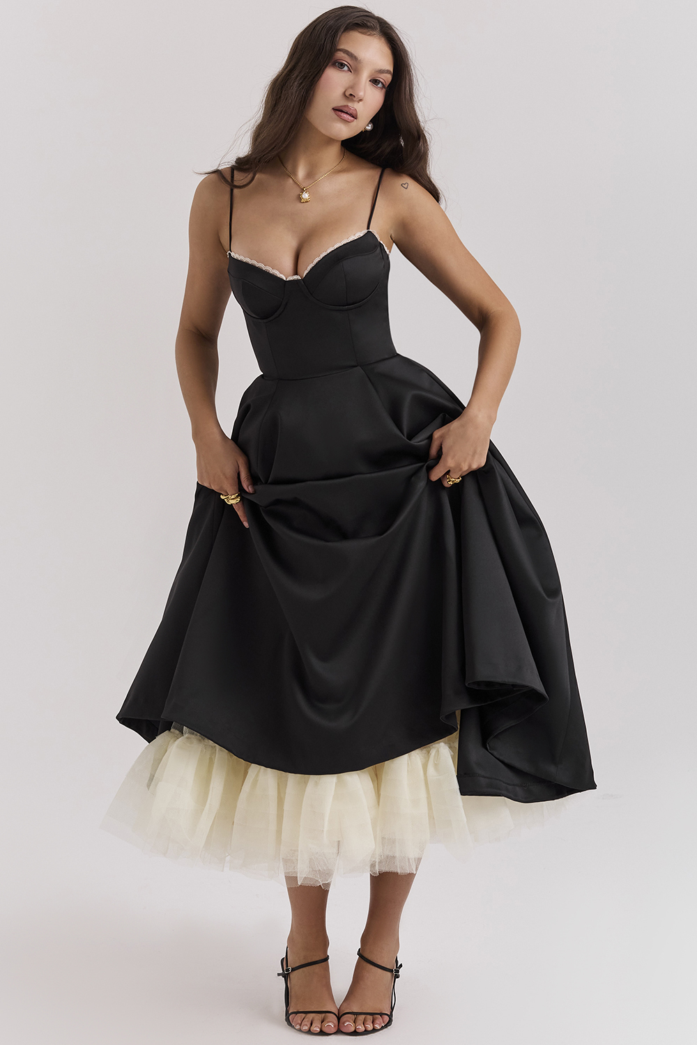 Clothing : Midi Dresses : 'Mademoiselle' Black Floaty Midi Dress