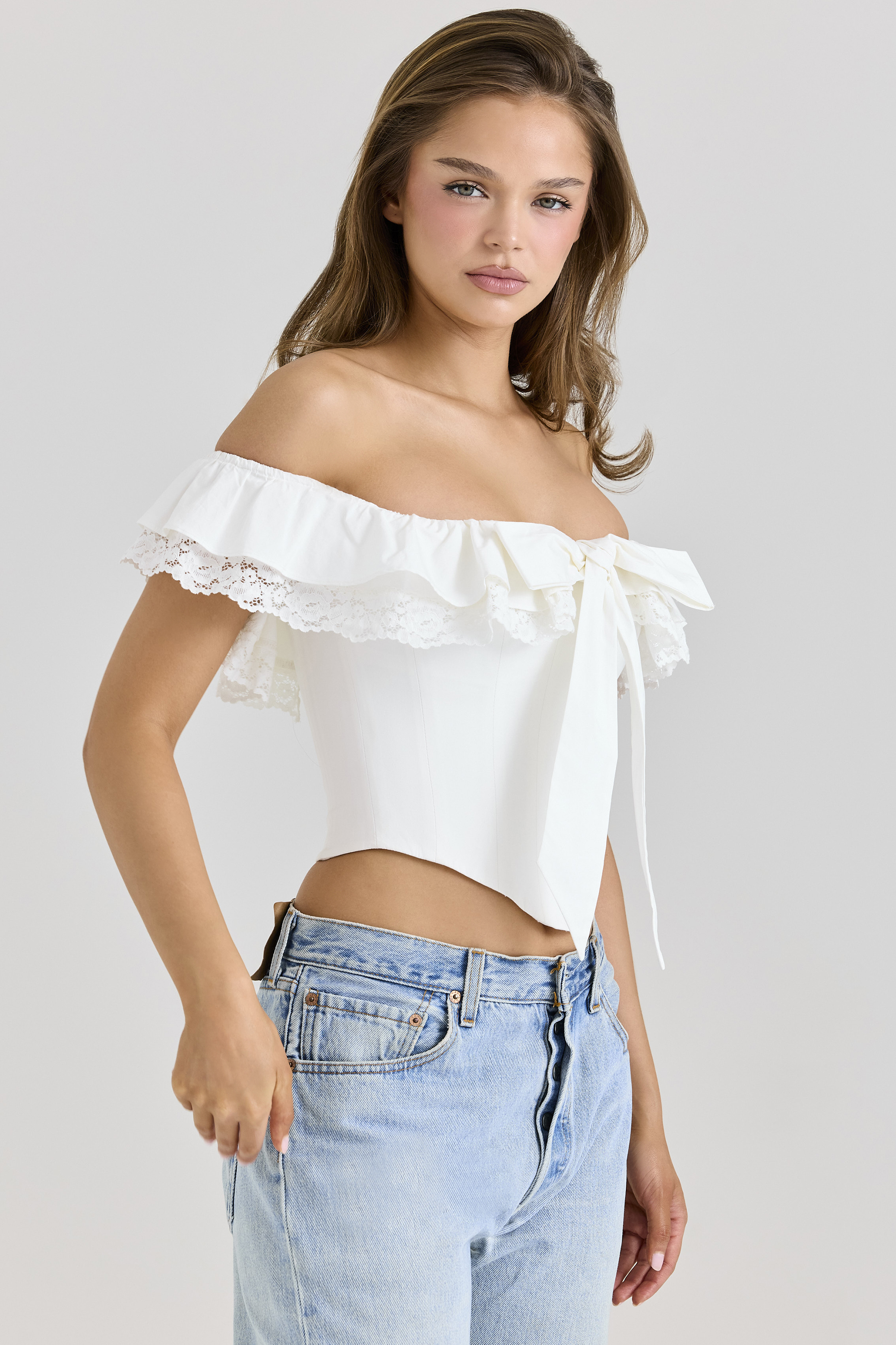 Clothing: Tops: 'Aria' White Stretch Cotton Off-The-Shoulder Frill