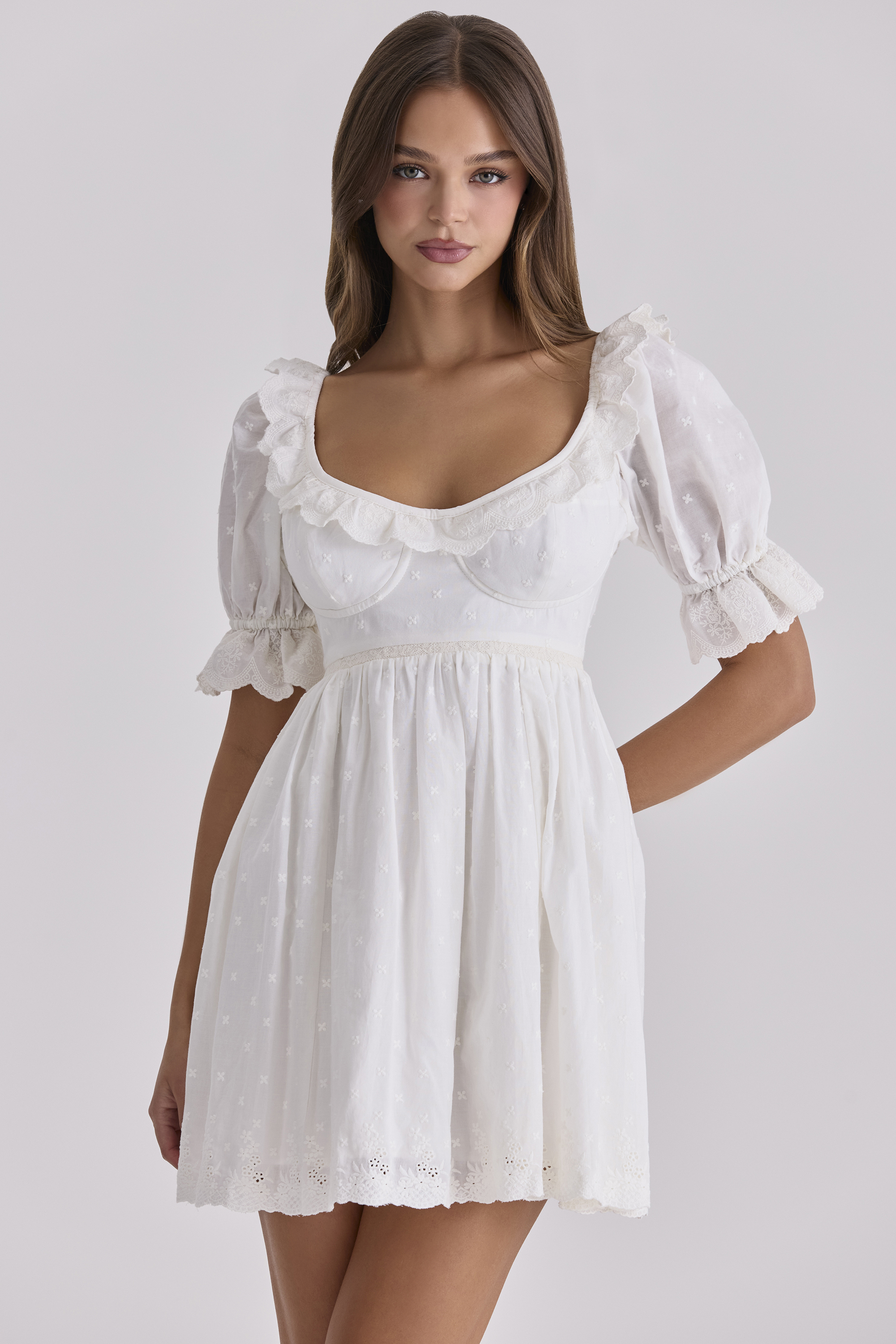Clothing: Mini Dresses: Maisie White Broderie Anglaise Regency