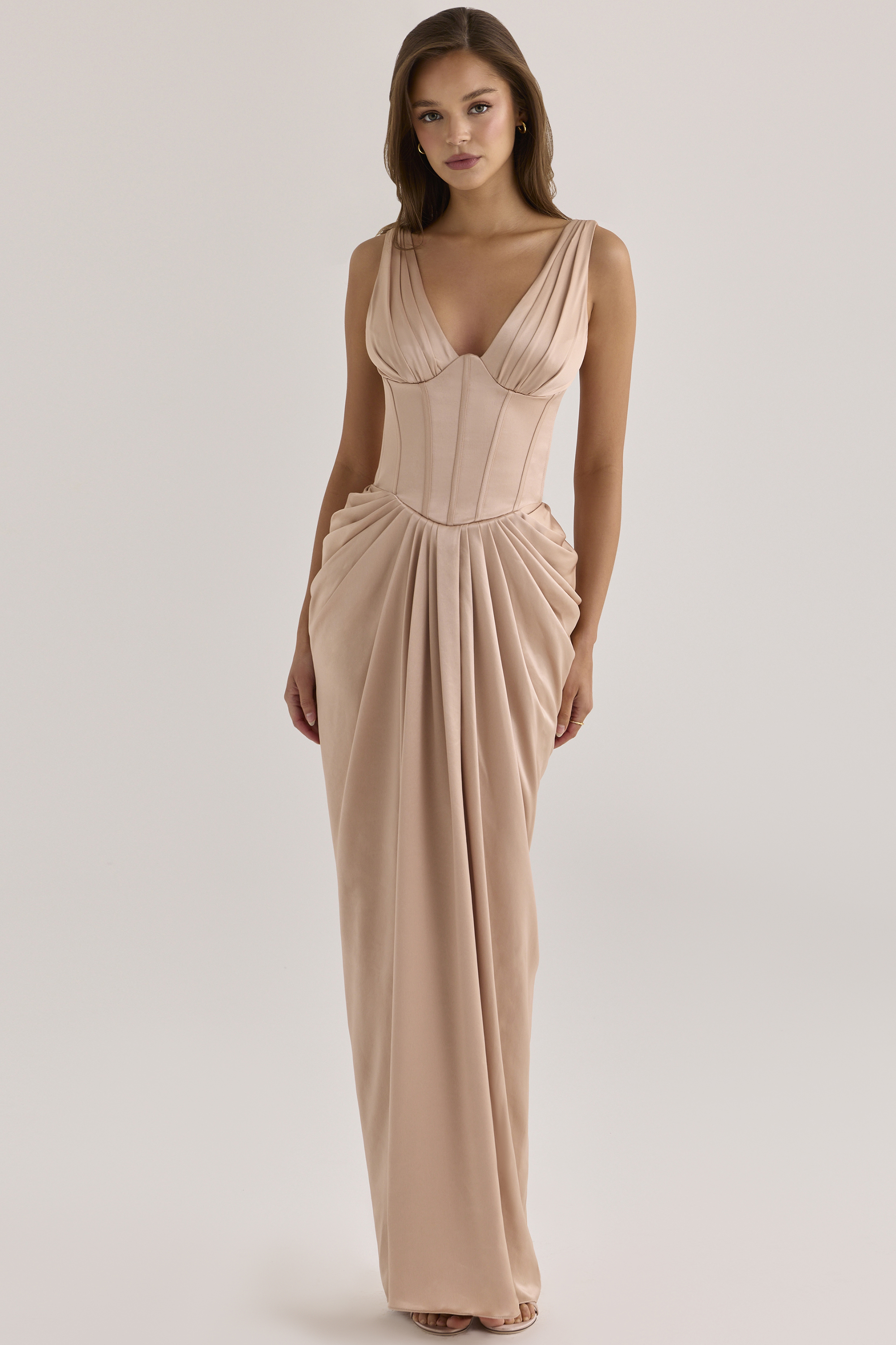 'Angeline' Champagne Satin Corset Maxi Dress
