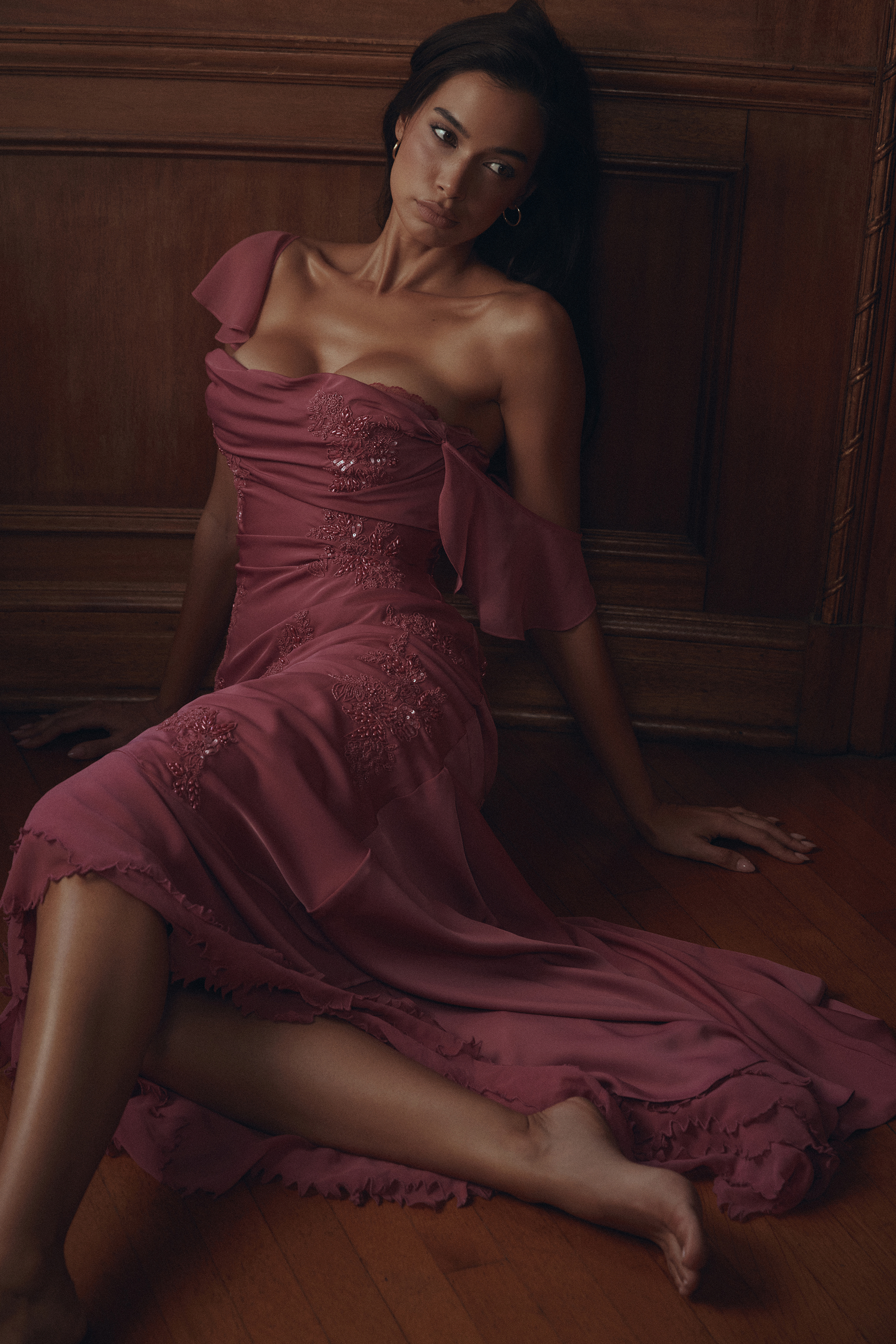 Arabella Rose Pink Satin Embellished Maxi Gown | House of CB