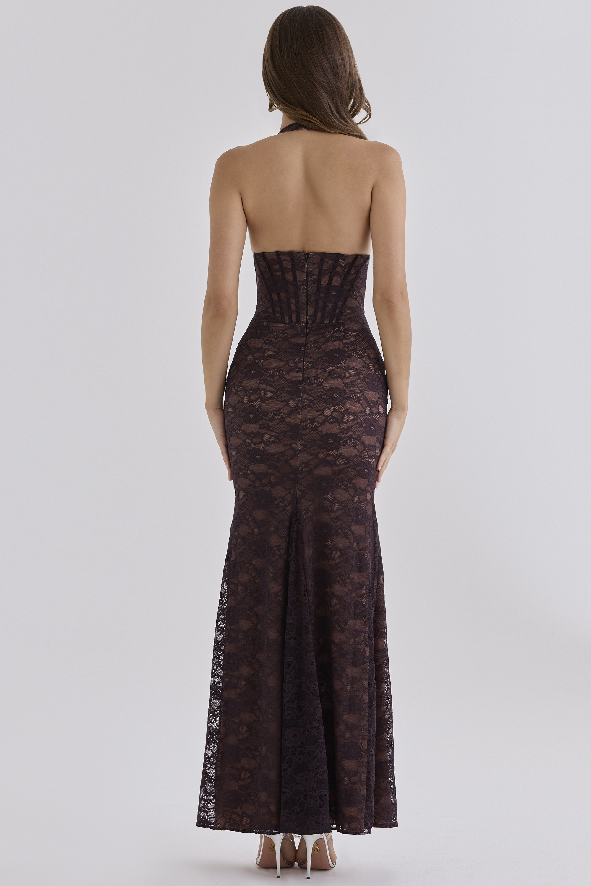 'Saskia' Chocolate Brown Lace Contouring Silhouette Maxi Dress
