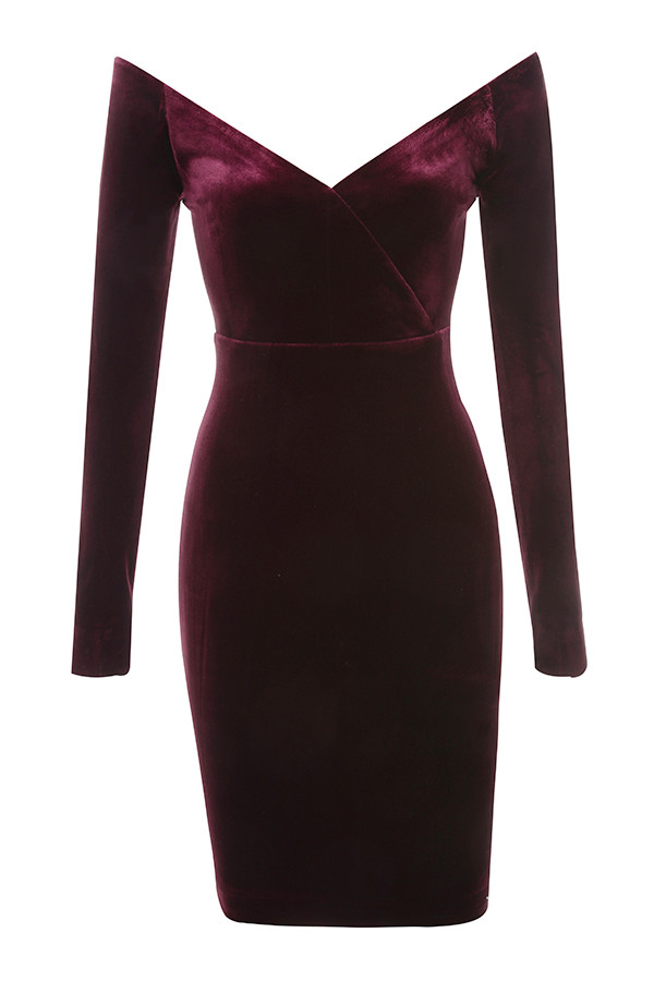 Clothing : Bodycon Dresses : 'Martinella' Wine Velvet Off Shoulder Dress