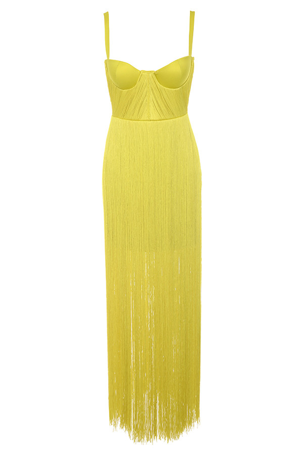 Clothing : Bodycon Dresses : 'Emee' Acid Yellow Satin Fringe Dress ...