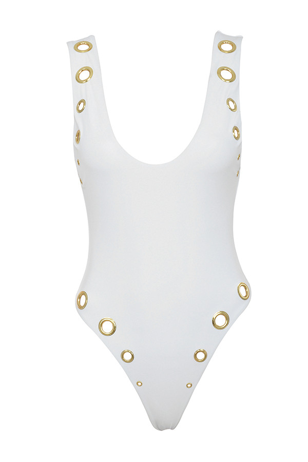 Clothing : Swimwear : 'Orlando' White One Piece Swimsuit with Gold Eyelets