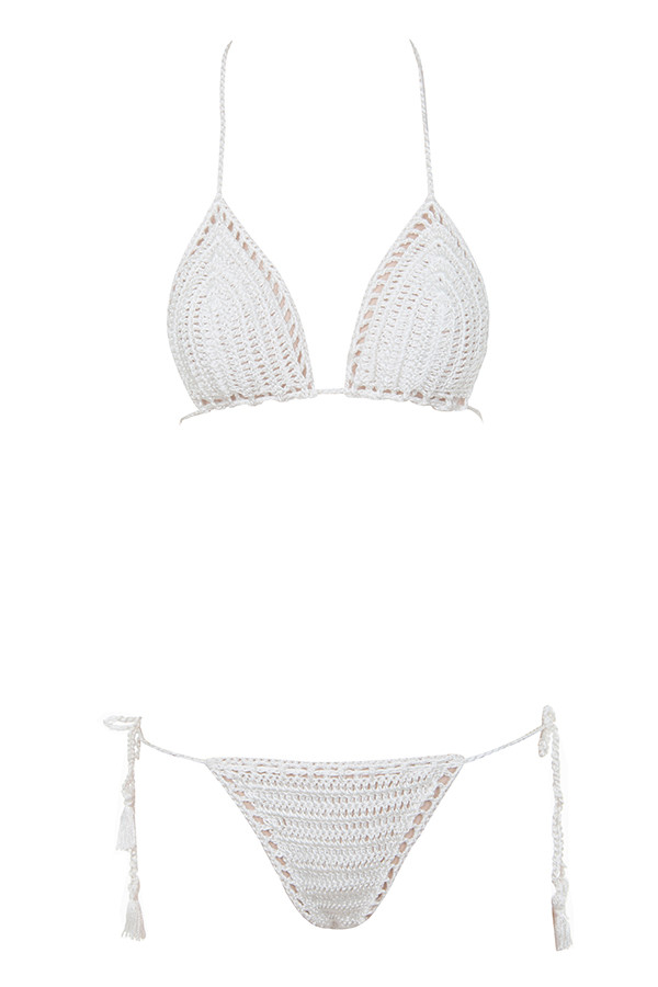 Clothing : Swimwear : 'Rheya' White Crochet Triangle Bikini Two Piece