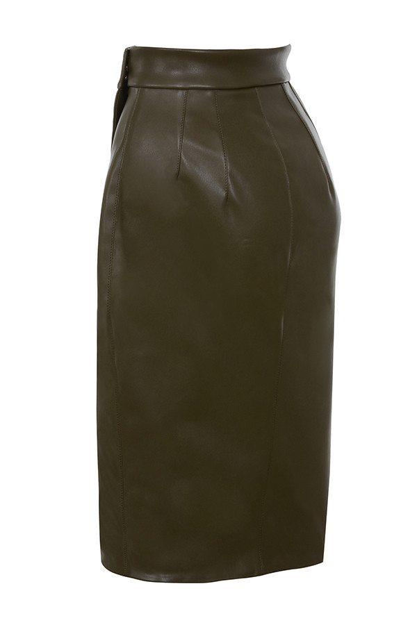 Clothing : Skirts : 'Laraine' Khaki Vegan Leather Wrap Skirt