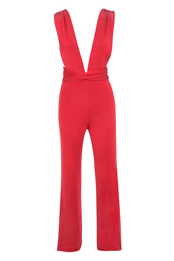 Clothing : Jumpsuits : 'Benedetta' Red Bandage Plunge Neck Jumpsuit