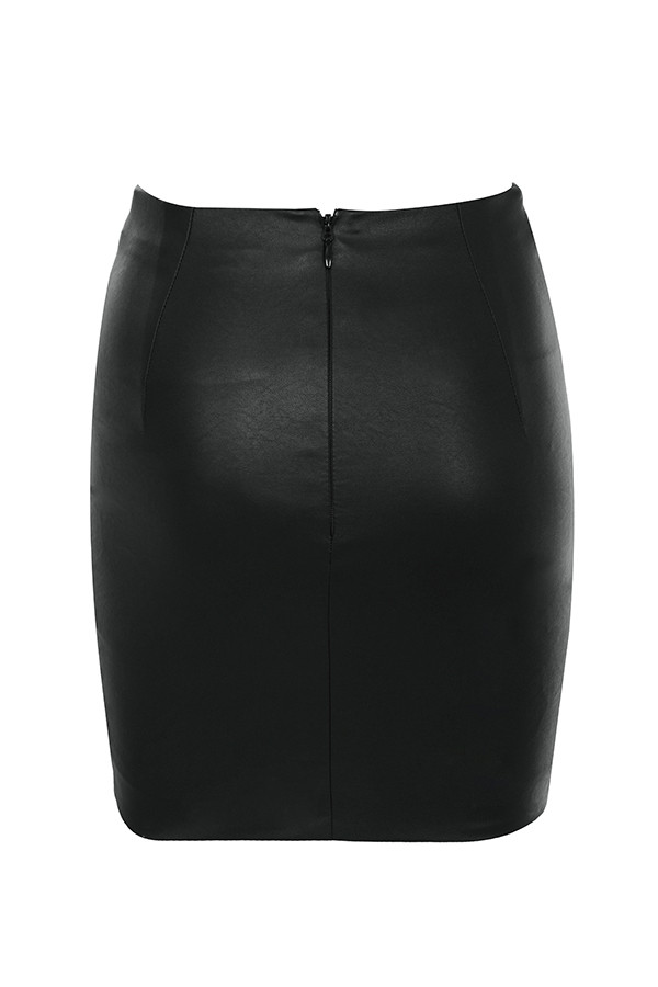 Clothing : Skirts : 'Makayla' Black Vegan Leather Draped Mini Skirt