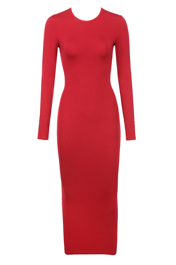 Clothing : Bodycon Dresses : 'Lucia' Red Midi Length Knit Dress