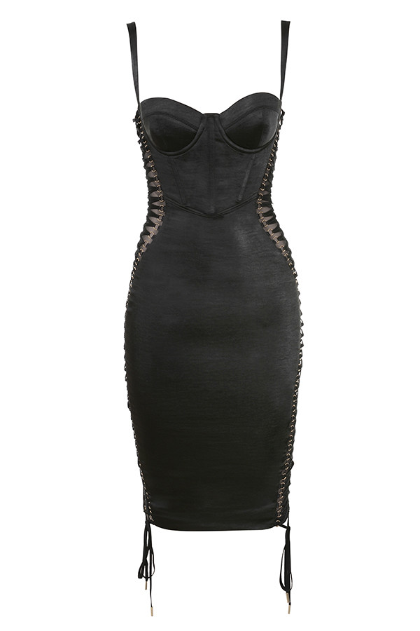 Clothing : Bodycon Dresses : 'Angelina' Black Satin Lace Up Corset Dress