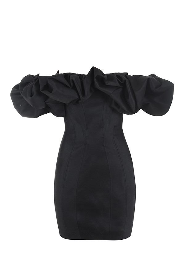 Clothing : Structured Dresses : 'Selena' Black Satin Puff Shoulder Dress