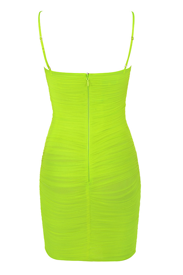 Clothing : Bodycon Dresses : 'Ella' Neon Green Ruched Organza Mesh Mini ...