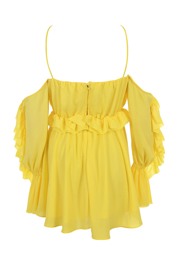 Clothing : Structured Dresses : 'Serenity' Yellow Off Shoulder Ruffled ...