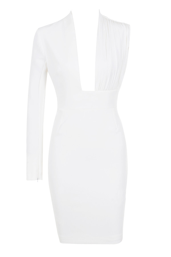 Clothing : Bodycon Dresses : 'Corinne' White One Sleeve Asymmetric Dress