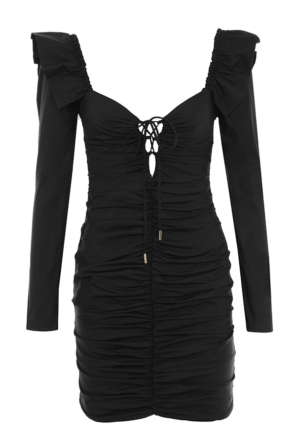 Clothing : Bodycon Dresses : 'Floriana' Black Stretch Frill Dress