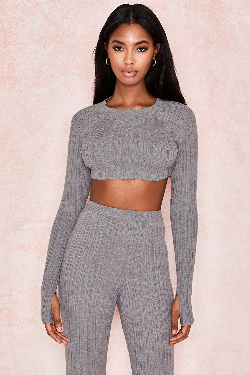 Clothing : Tops : 'Karlie' Grey Rib Knit Cropped Sweater