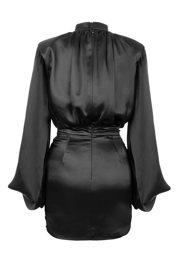 Clothing : Bodycon Dresses : 'Khristen' Black Satin Blouson Dress