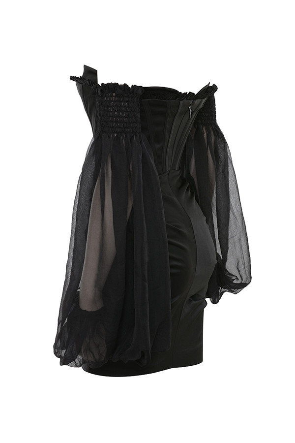 Clothing : Structured Dresses : 'Beau' Black Satin and Chiffon Corset Dress