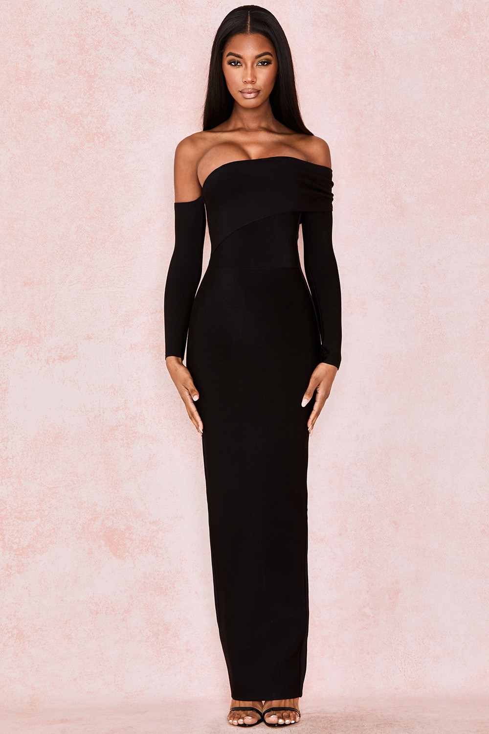 Clothing : Maxi Dresses :'Nalani' Black Draped Shoulder Maxi Bandage Dress