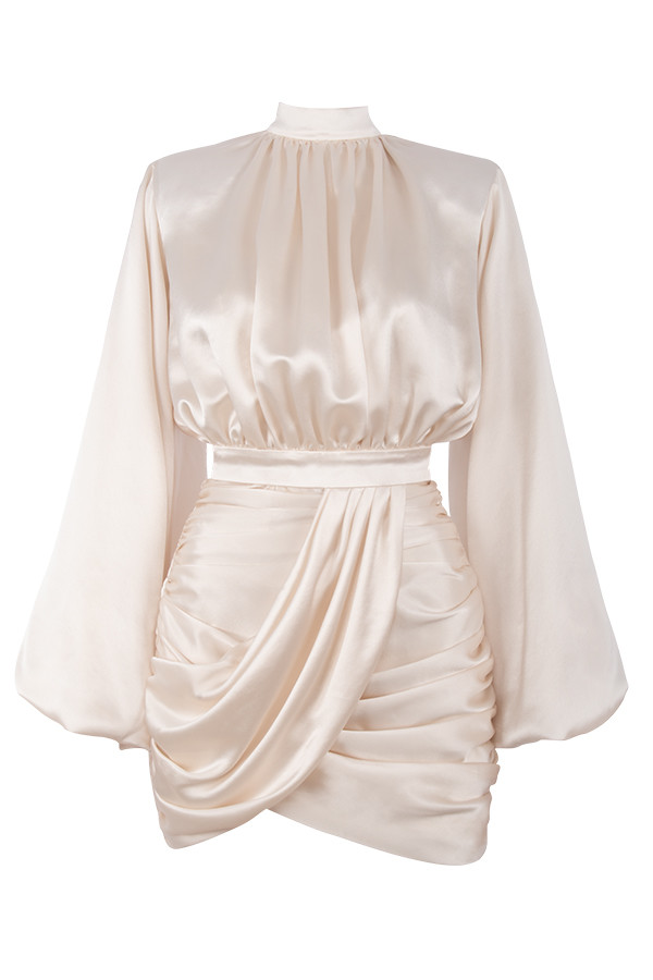Clothing : Bodycon Dresses : 'Khristen' Ivory Satin Blouson Dress