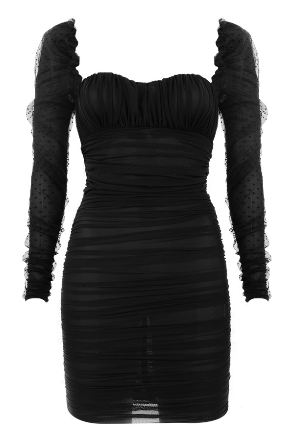Clothing : Bodycon Dresses : 'Camille' Black Gathered Puff Sleeve Dress