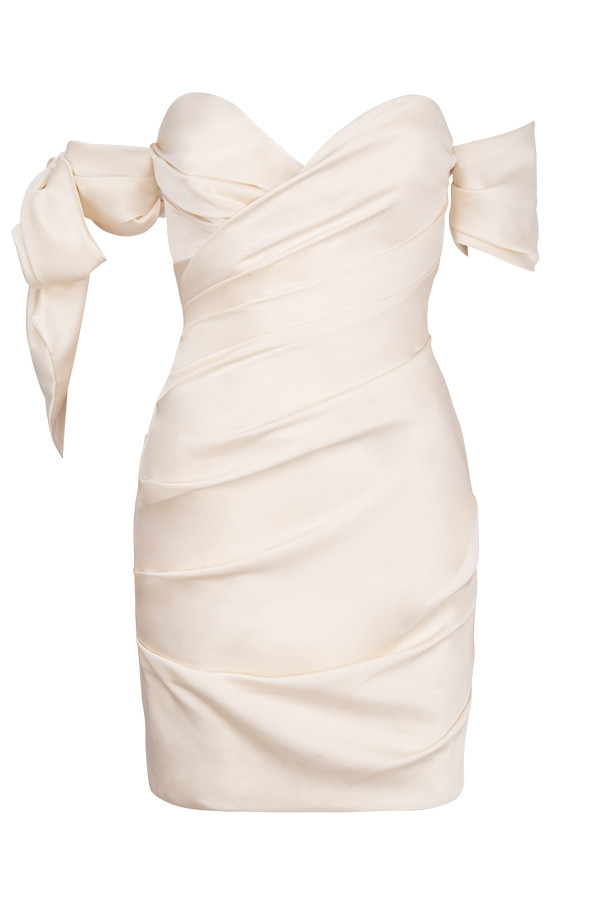 Clothing : Bodycon Dresses : 'Joy' Ivory Satin Off Shoulder Tie Dress