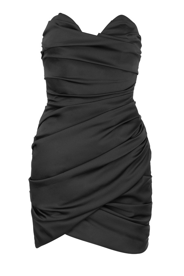 Clothing : Bodycon Dresses : 'Emanuela' Black Draped Ruched Mini Dress