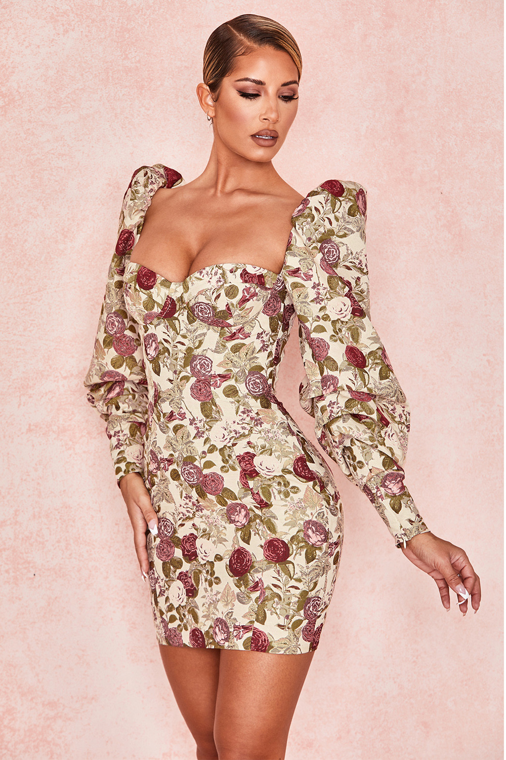 Clothing : Bodycon Dresses : 'Azie' Vintage Floral Jacquard Puff Sleeve ...