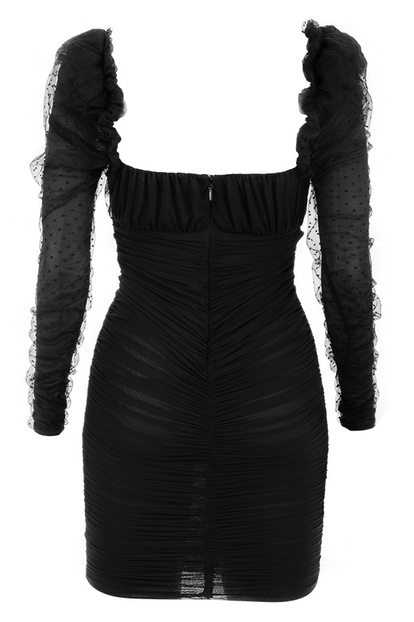 Clothing : Bodycon Dresses : 'Camille' Black Gathered Puff Sleeve Dress