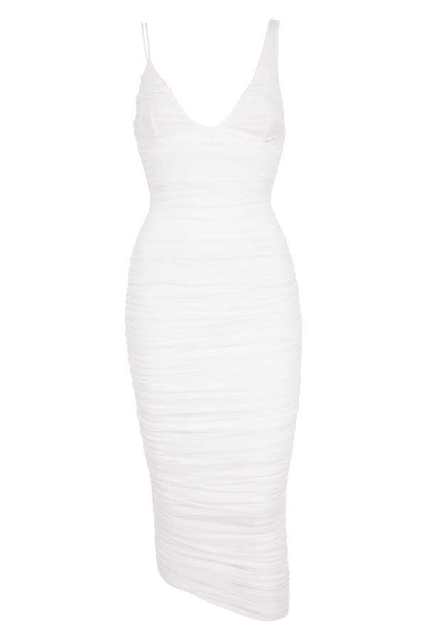 Clothing : Bodycon Dresses : 'Alexia' White Ruched Midi Dress