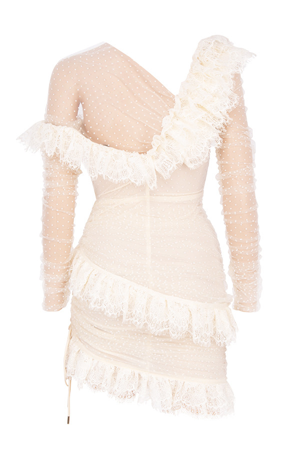 Clothing : Bodycon Dresses : 'Sorrel' Ivory Lace Frill Mini Dress