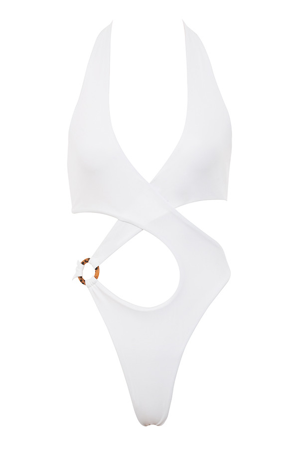Clothing : Swimwear : 'Savannah' White Crossover Halter One Piece Swimsuit