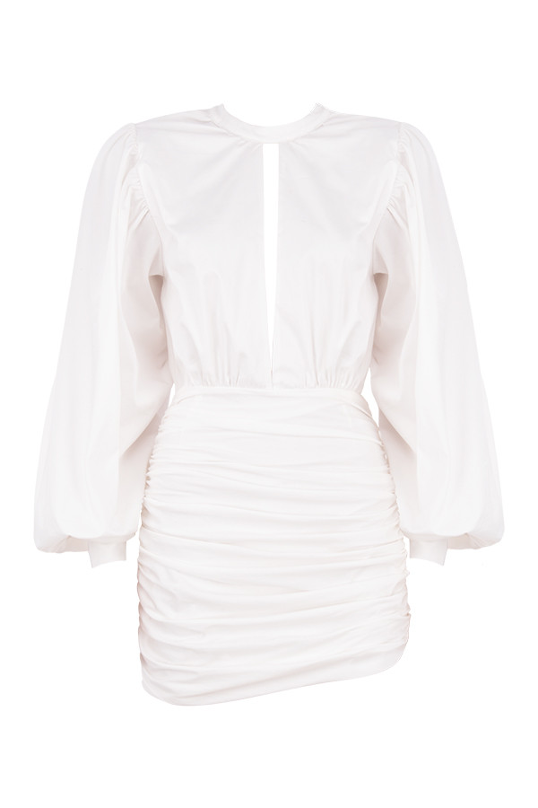 Clothing : Mini Dresses : 'Lakisha' White Balloon Sleeve Mini Dress