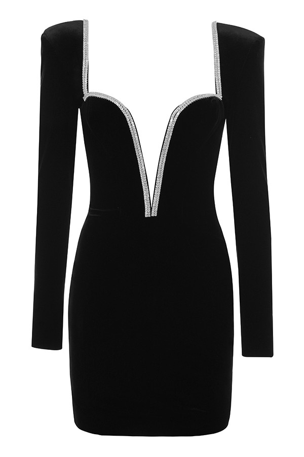 Clothing : Mini Dresses : 'Fiorel' Black Velvet Crystal Plunge Mini Dress
