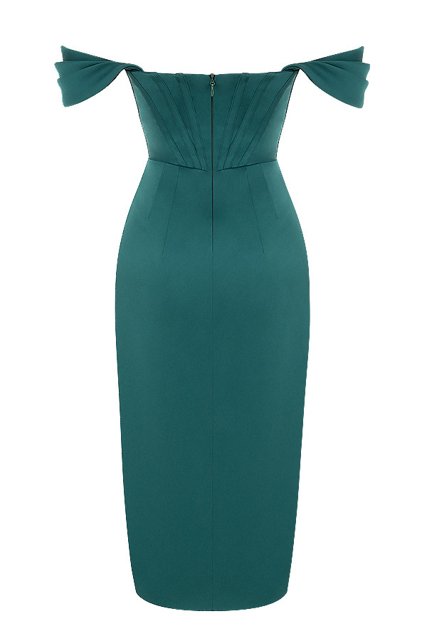 Clothing : Bodycon Dresses : 'Loretta' Green Satin Off Shoulder Dress