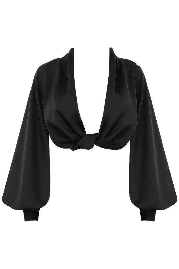 Clothing : Tops : 'Tosca' Black Silk Satin Plunge Blouson Top