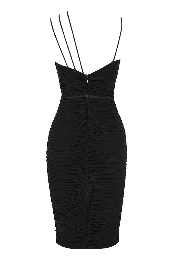 Clothing : Midi Dresses : 'Meena' Black Mesh Cutout Midi Dress