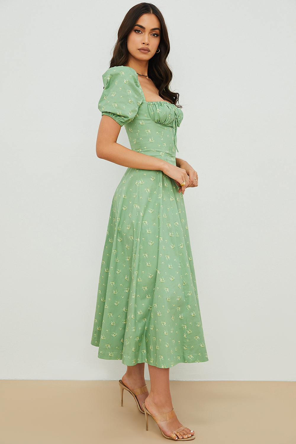 Clothing : Midi Dresses : 'Tallulah' Olive Floral Puff Sleeve Midi Dress