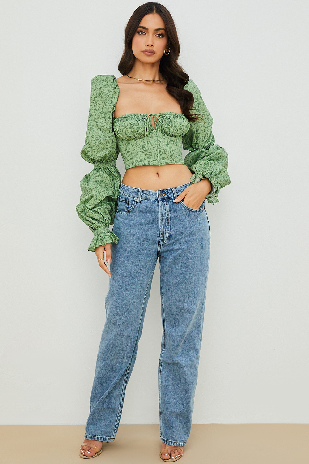 Clothing : Tops : 'Millicent' Green Tonal Floral Cropped Corset Top
