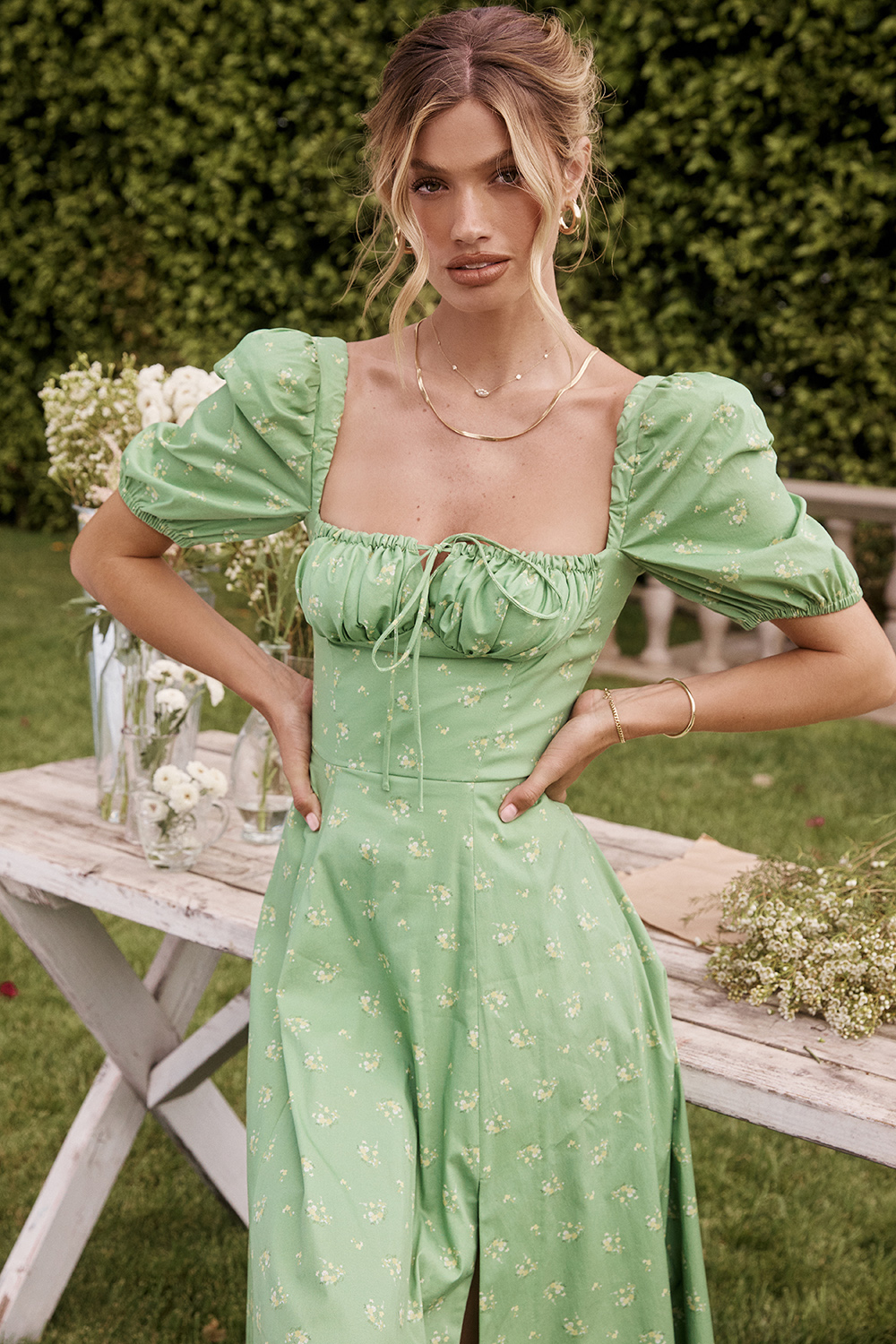 Clothing : Midi Dresses : 'Tallulah' Olive Floral Puff Sleeve Midi Dress