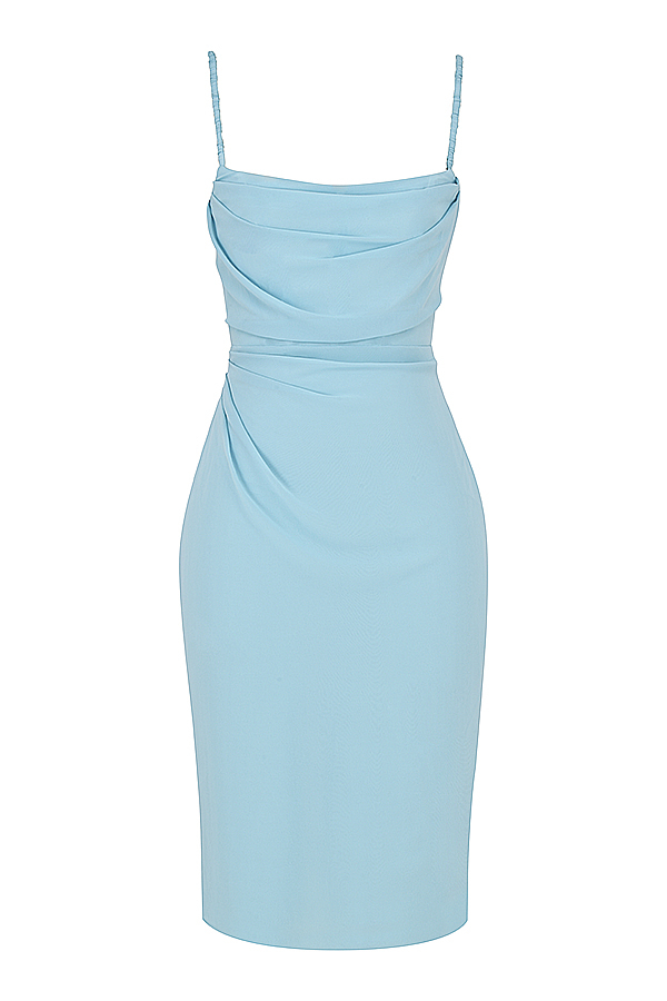 Clothing : Midi Dresses : 'Jamille' Baby Blue Draped Corset Midi Dress