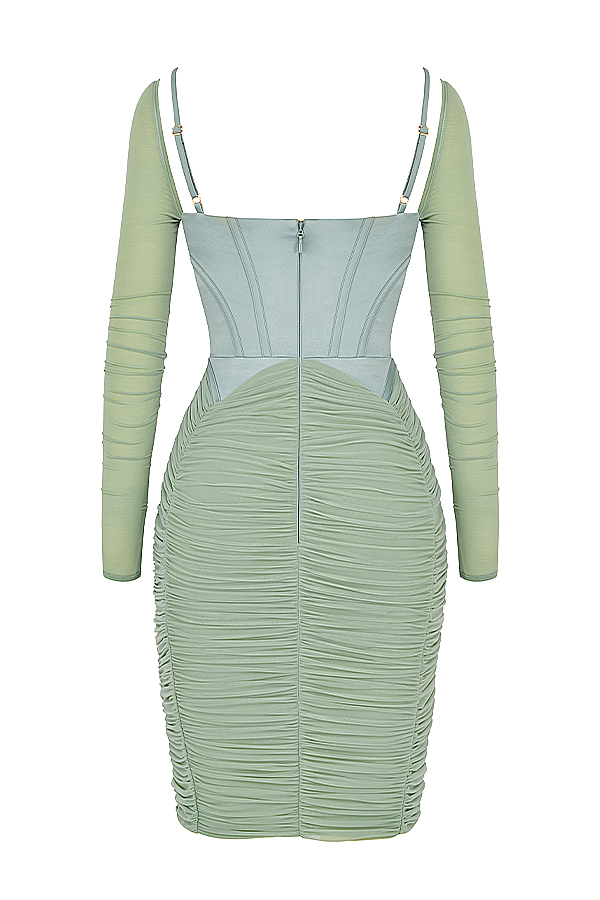 Clothing : Midi Dresses : 'Freyja' Green Gathered Corset Midi Dress