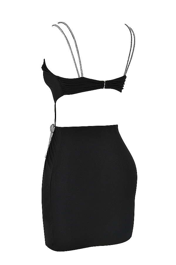 Clothing : Mini Dresses : 'Valerie' Black Crystal Trim Cutout Mini Dress