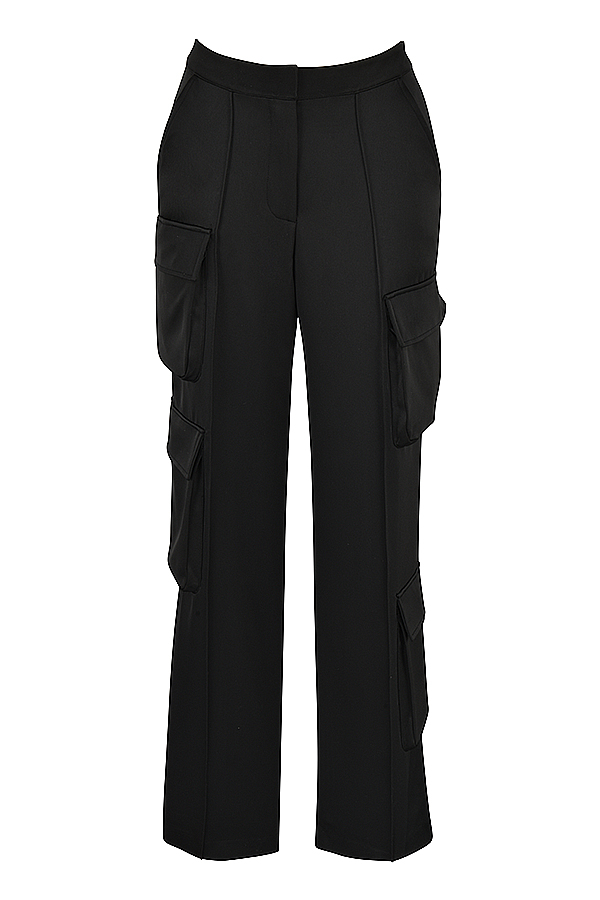 Clothing : Trousers : 'Daria' Black Satin Straight Leg Cargo Trousers
