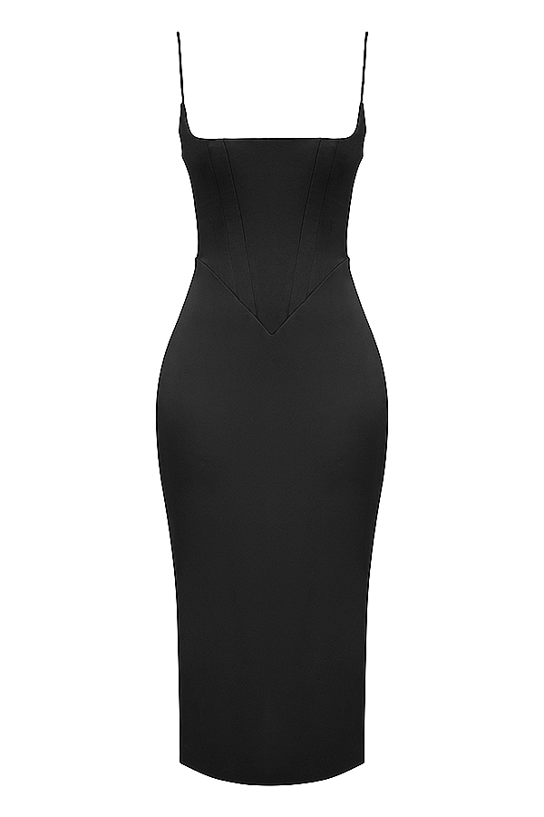 Clothing : Midi Dresses : Anais' Black Satin Pointed Corset Midi Dress