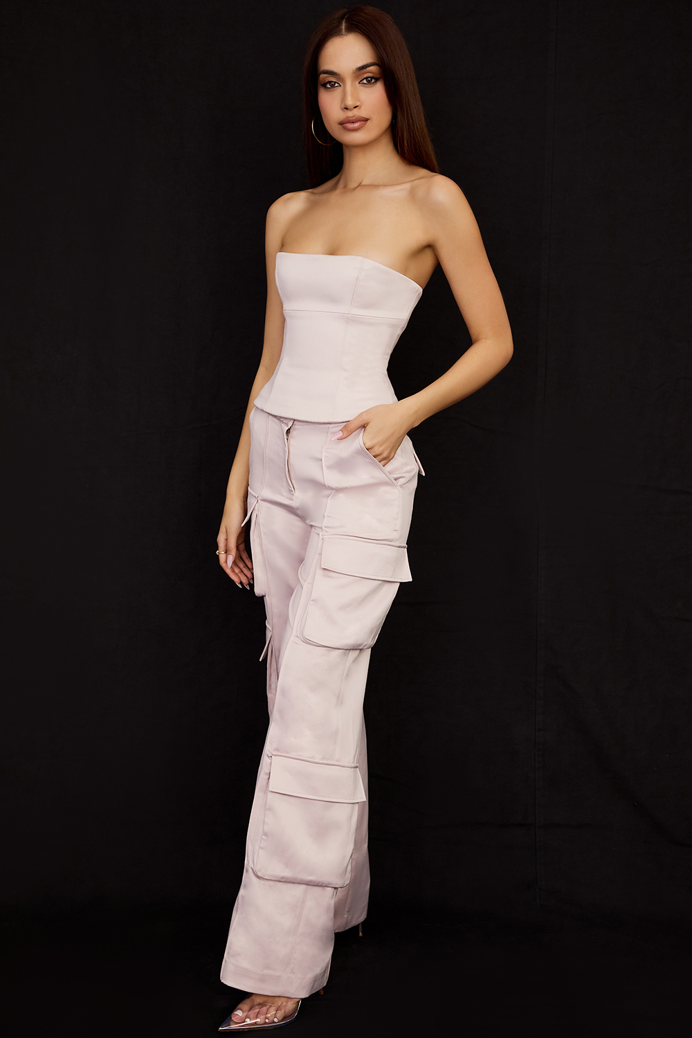 Clothing : Trousers : 'Daria' Crystal Satin Straight Leg Cargo Trousers