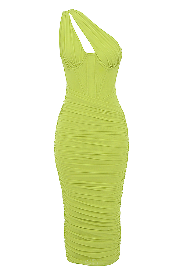 Clothing : Midi Dresses : 'Valentina' Lime Asymmetric Cutout Midi Dress
