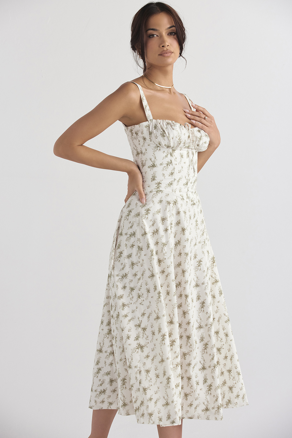 Clothing : Midi Dresses : 'Carmen' Garden Print Bustier Midi Dress