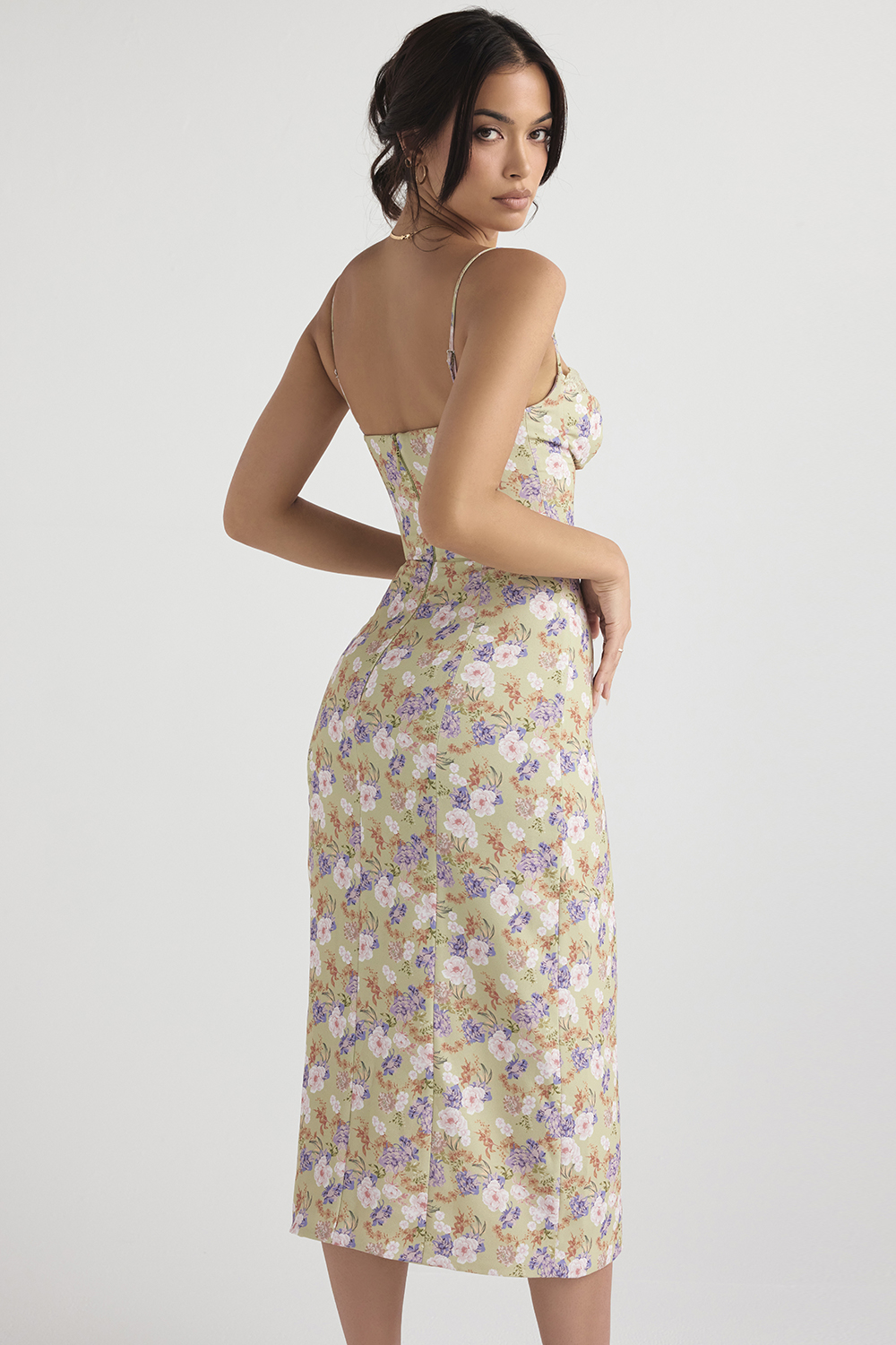 Clothing : Midi Dresses : 'Charlotte' Peony Print Corset Midi Dress